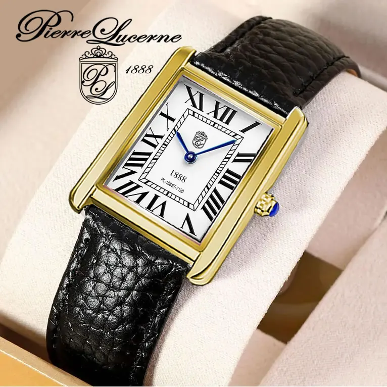 Pierre Lucerne Gold 1888 Art Deco Men's Black Leather Dress Watch